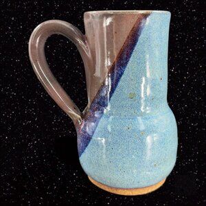 1990s Studio Art Pottery Large Coffee Cup Mug Signed Blue Brown Glazed 6”T 5”W
